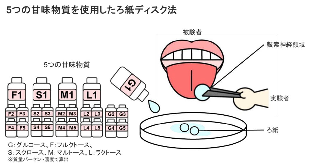 5つの甘味物質を使用したろ紙ディスク法